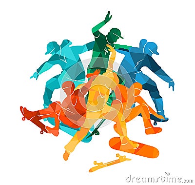 Skate people silhouettes skateboarders colorful vector illustration background extreme active Cartoon Illustration